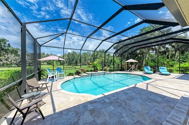 view of swimming pool featuring a patio and glass enclosure