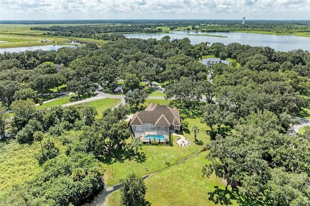 drone / aerial view with a water view