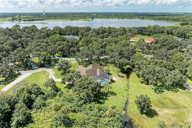 bird's eye view with a water view