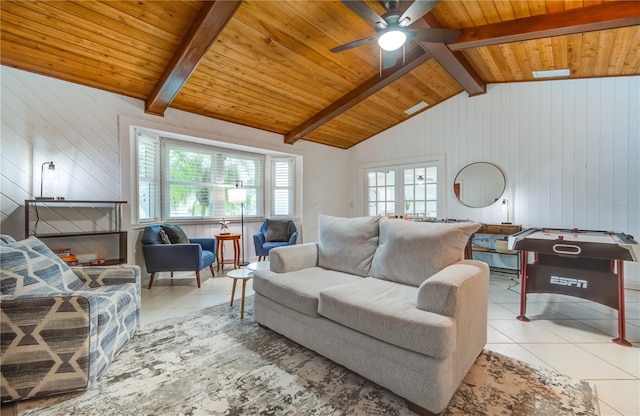 tiled living room featuring ceiling fan, wood ceiling, plenty of natural light, and lofted ceiling with beams