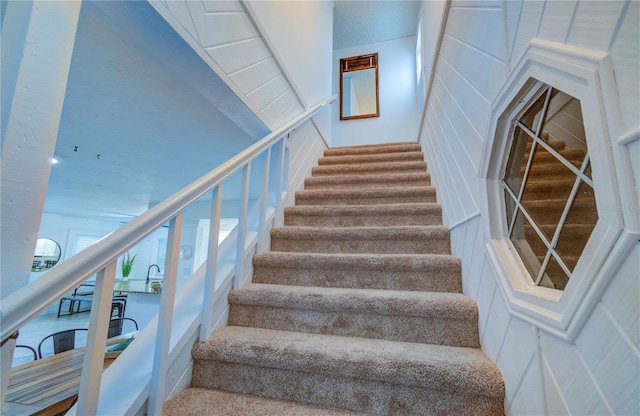 stairway featuring carpet floors