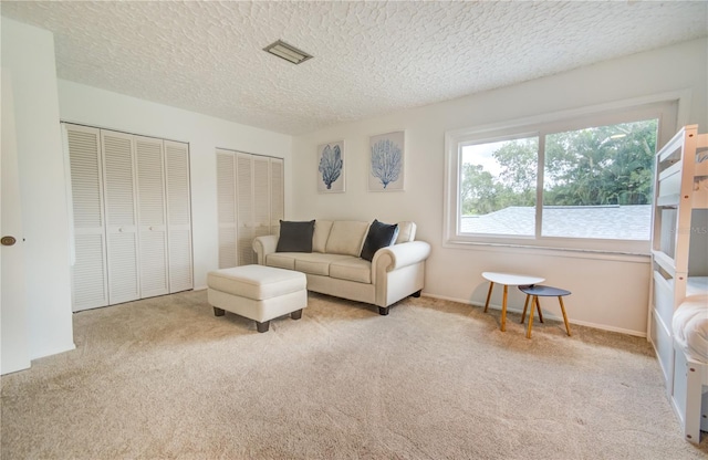 carpeted living room with a textured ceiling