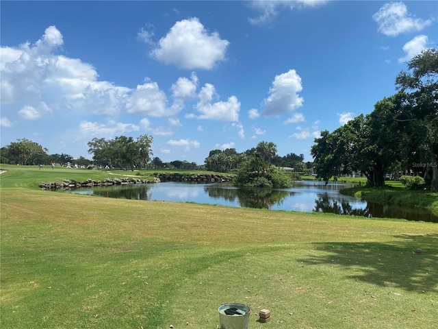 view of community featuring a lawn and a water view