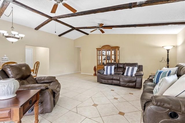 living room featuring vaulted ceiling with beams, ceiling fan with notable chandelier, and light tile patterned floors