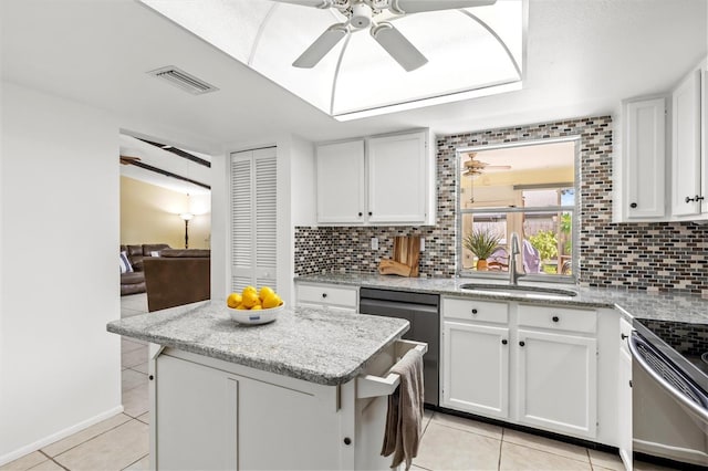 kitchen featuring backsplash, white cabinetry, sink, and ceiling fan