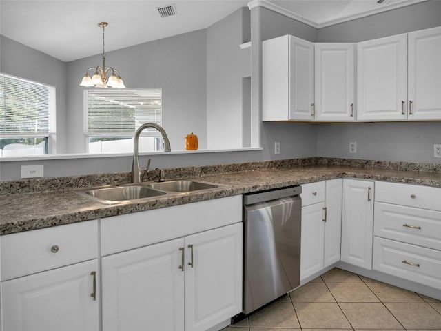 kitchen with dishwasher, sink, pendant lighting, and white cabinets