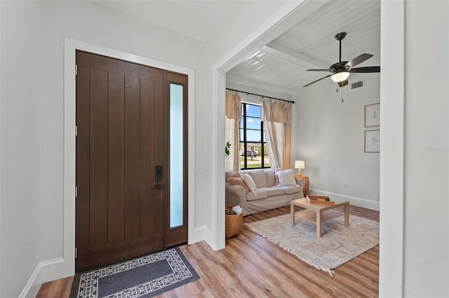 entryway featuring light hardwood / wood-style floors and ceiling fan