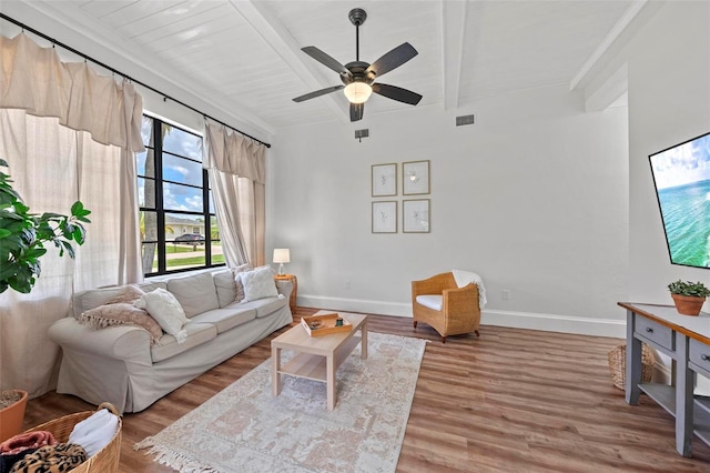 living room featuring beam ceiling, ceiling fan, hardwood / wood-style floors, and wooden ceiling