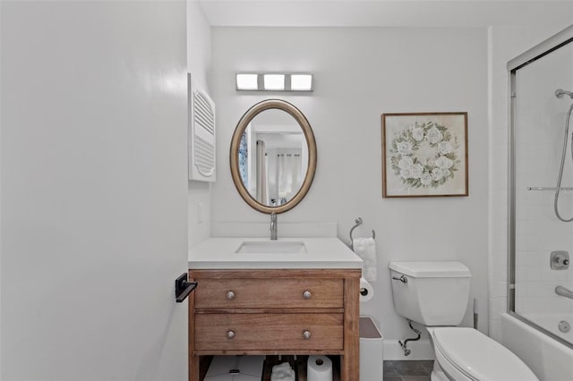 full bath with vanity, toilet, baseboards, tile patterned floors, and  shower combination