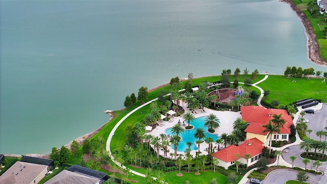 birds eye view of property featuring a water view