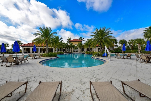 view of swimming pool with a patio