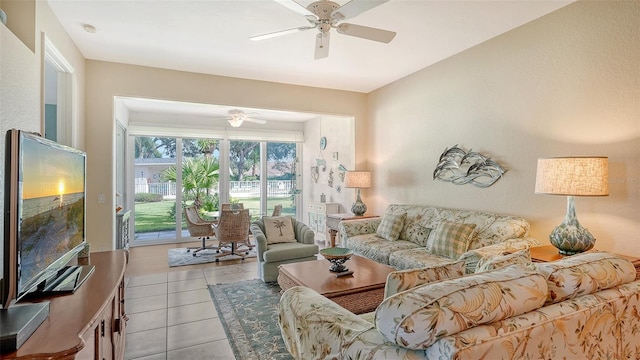 tiled living room with ceiling fan