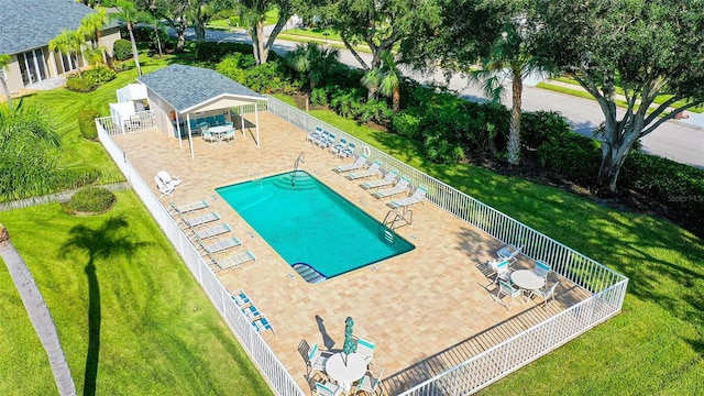 view of swimming pool featuring a patio, a gazebo, and a yard