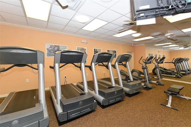 exercise room featuring carpet, a drop ceiling, ornamental molding, and ceiling fan