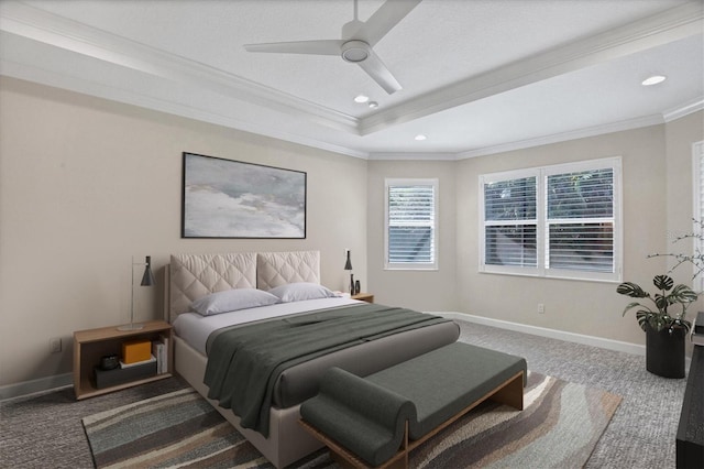 carpeted bedroom featuring ceiling fan and ornamental molding