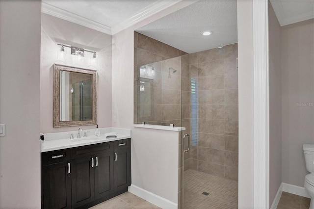 bathroom with tile patterned flooring, crown molding, a textured ceiling, toilet, and a shower with shower door