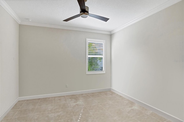 unfurnished room with light tile patterned floors, a textured ceiling, ceiling fan, and crown molding