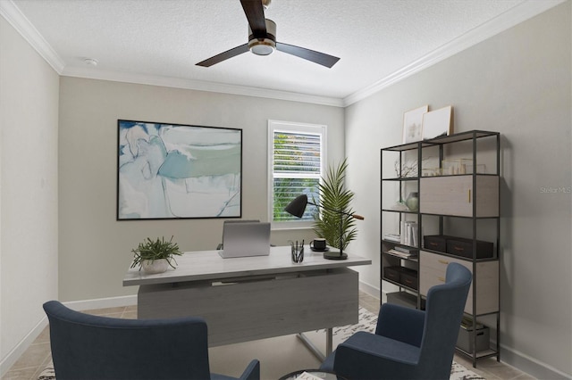 tiled home office featuring a textured ceiling, ceiling fan, and crown molding