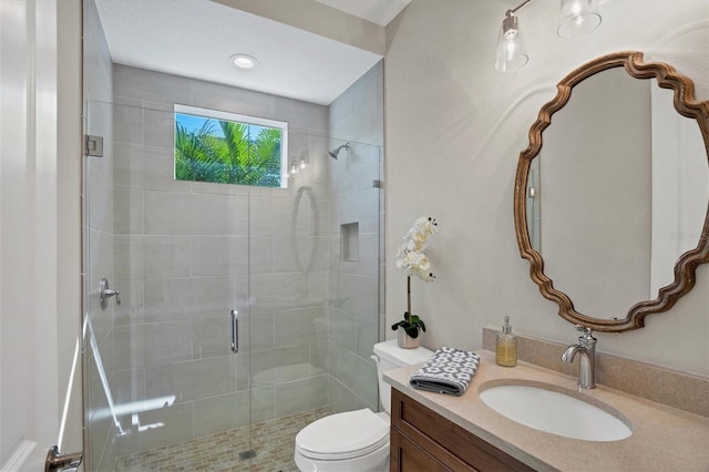 bathroom featuring vanity, toilet, and a shower with shower door