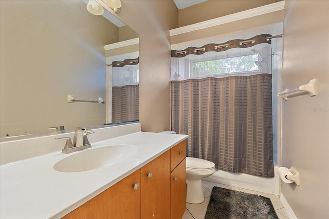 full bathroom with tile patterned floors, toilet, shower / bath combo with shower curtain, and vanity