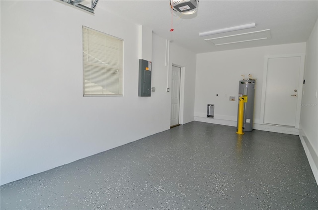 garage with electric panel, electric water heater, and a garage door opener