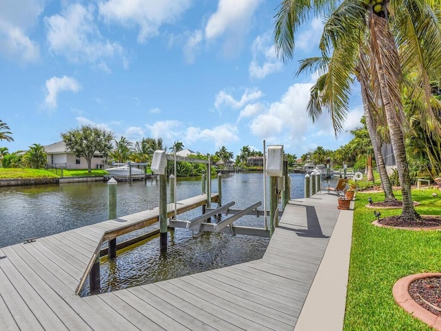 view of dock with boat lift and a water view