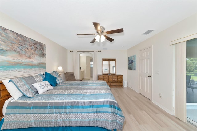 bedroom with ceiling fan, light wood-type flooring, and access to outside