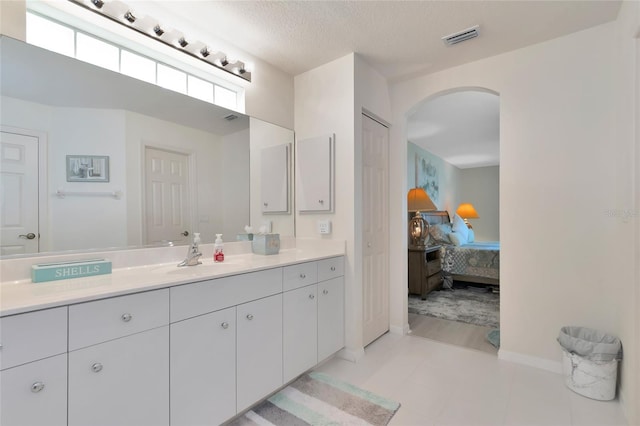 bathroom with vanity, a textured ceiling, and a healthy amount of sunlight