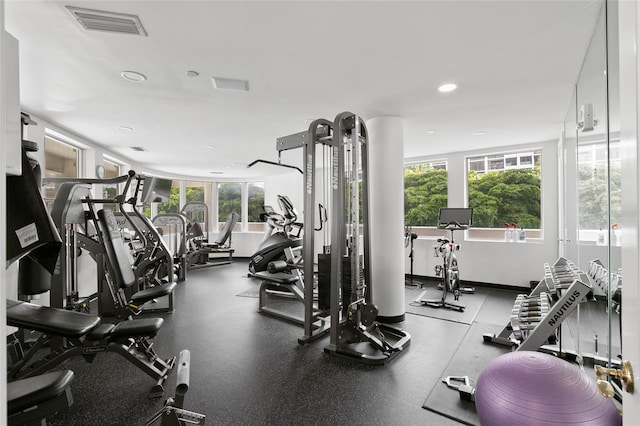 gym featuring visible vents and recessed lighting