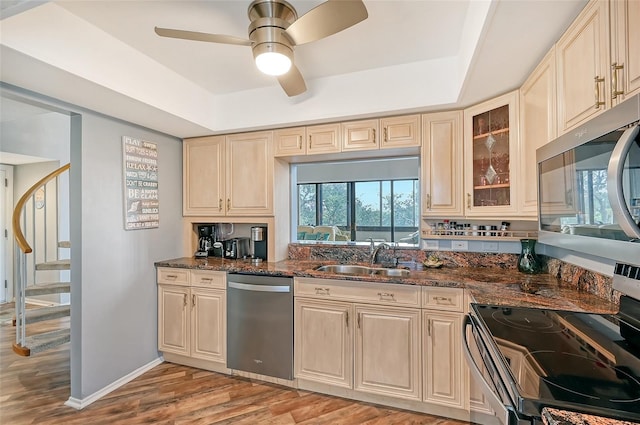 kitchen featuring a tray ceiling, dark stone countertops, stainless steel appliances, and ceiling fan