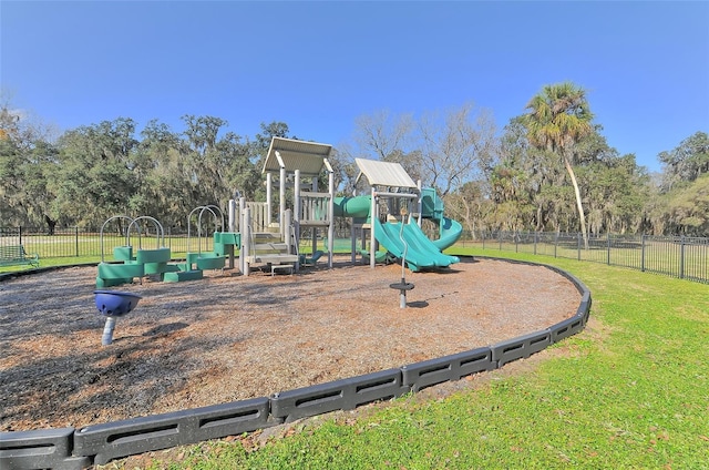 view of jungle gym featuring a yard