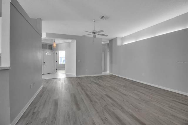 unfurnished living room with ceiling fan and light wood-type flooring