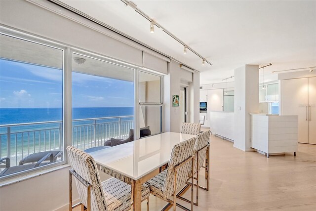 dining space with a wealth of natural light, a water view, light wood-style floors, and track lighting