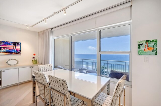 dining space featuring rail lighting, light wood-type flooring, and a water view