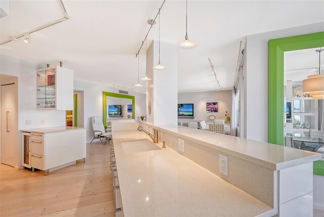 kitchen featuring track lighting, light wood-style flooring, light countertops, and a sink