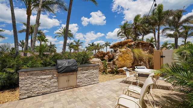 view of patio with area for grilling, outdoor dining area, a gate, and an outdoor kitchen