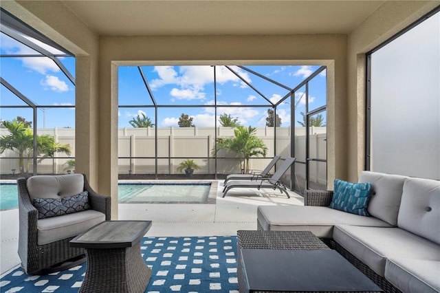 sunroom with a swimming pool