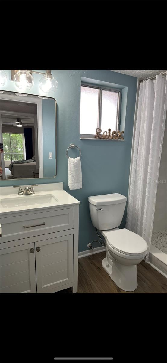 bathroom with walk in shower, toilet, hardwood / wood-style flooring, and vanity