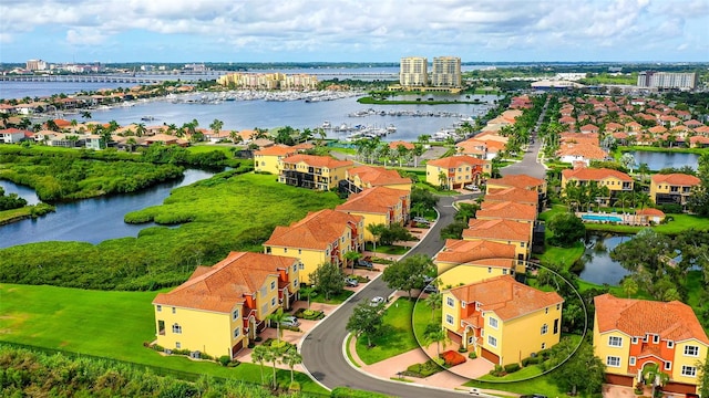 bird's eye view with a water view