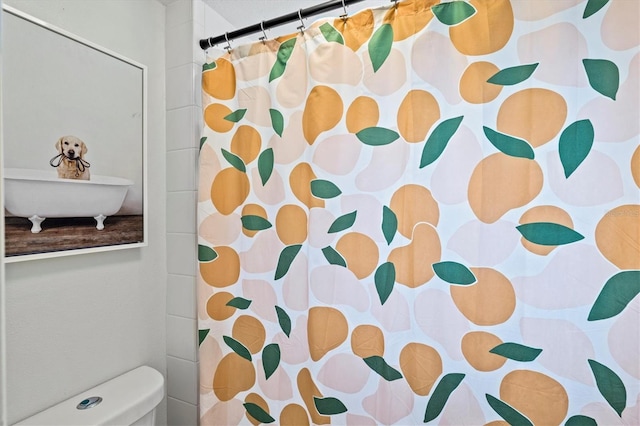 bathroom with a shower with shower curtain