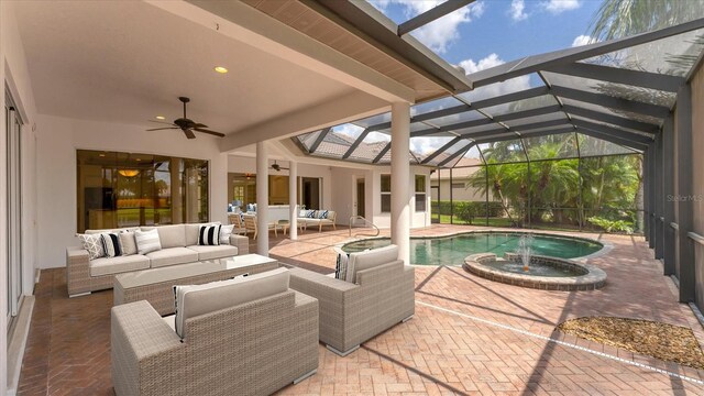 view of patio / terrace featuring a swimming pool with hot tub, glass enclosure, an outdoor living space, and ceiling fan