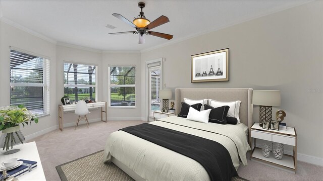 bedroom with crown molding, light colored carpet, and ceiling fan