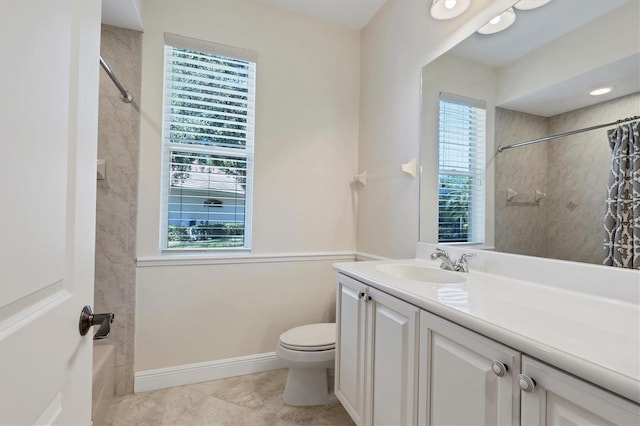 full bathroom featuring vanity, toilet, shower / bathtub combination with curtain, and tile patterned flooring