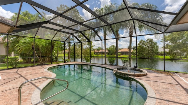 view of swimming pool featuring a lanai, an in ground hot tub, and a water view