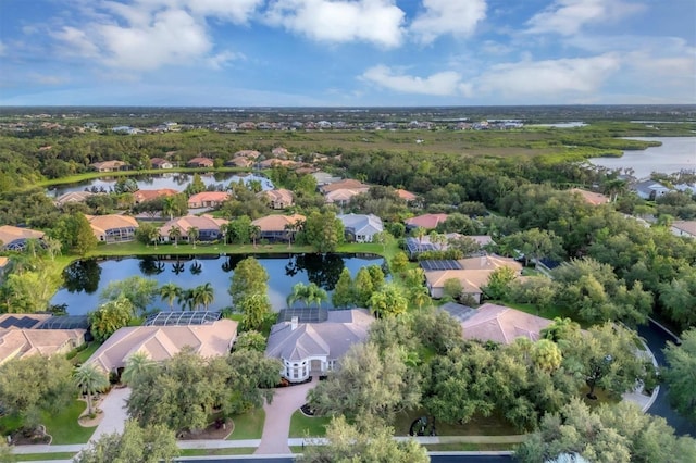 aerial view featuring a water view