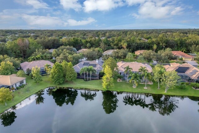 bird's eye view with a water view