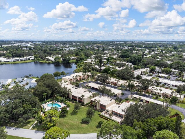 bird's eye view with a water view