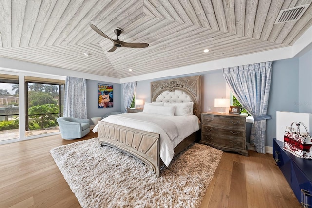 bedroom featuring ceiling fan, light wood-type flooring, and wood ceiling