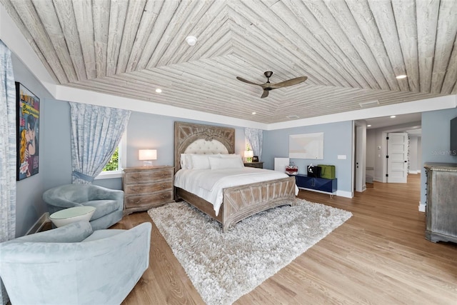 bedroom with light hardwood / wood-style flooring, ceiling fan, and wooden ceiling