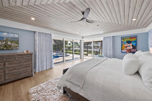 bedroom featuring vaulted ceiling, wooden ceiling, light wood-type flooring, ceiling fan, and access to outside